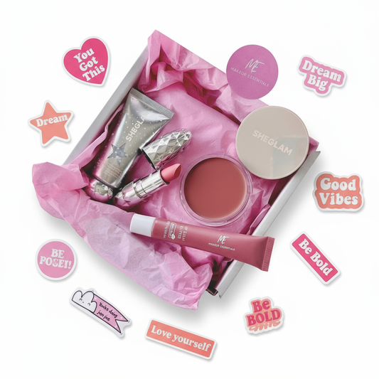 Makeup flatlay with white background